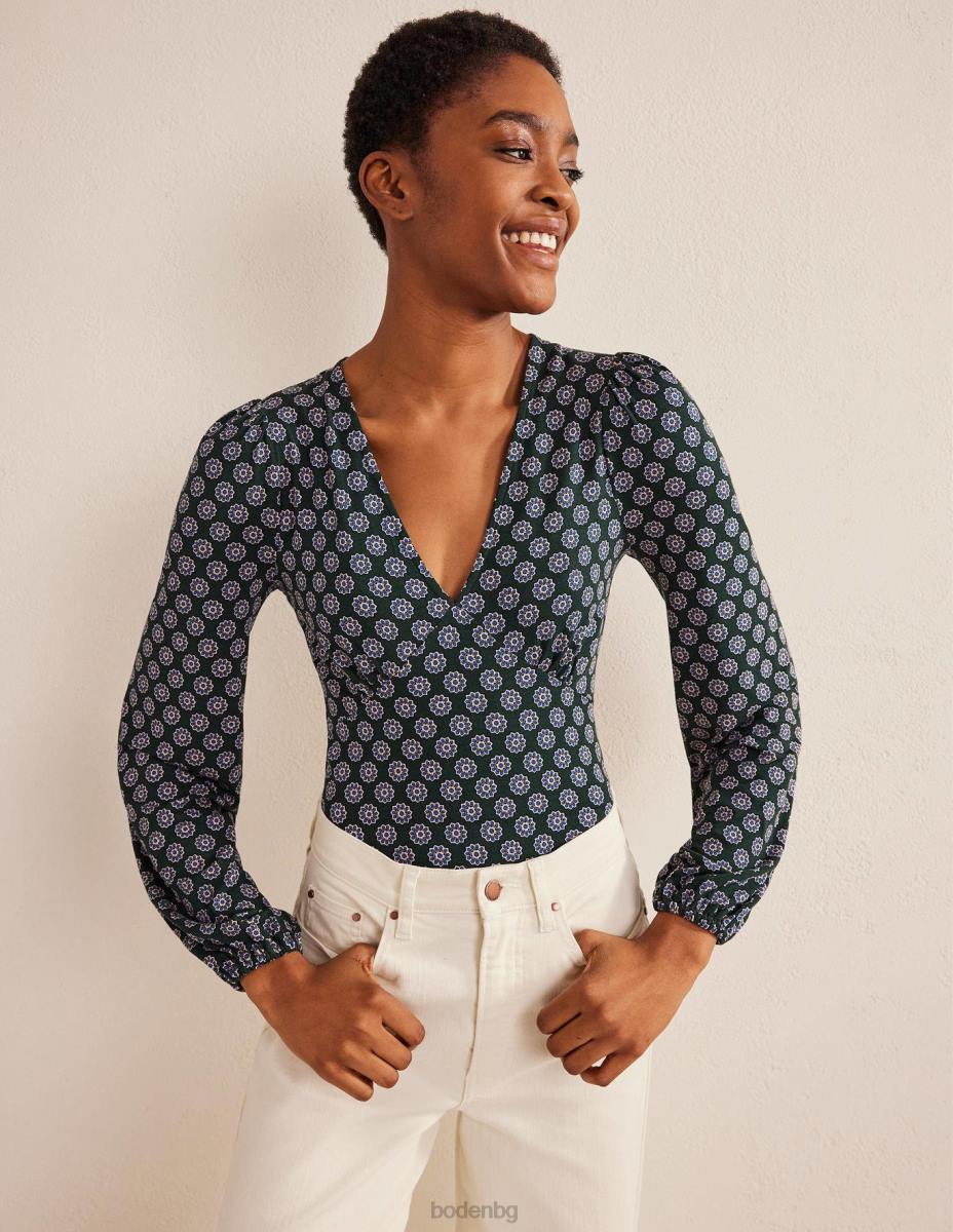 облекло Boden щамповано горнище с v-образно деколте чатсуърт зелено и слънчоглед Жени LL681525