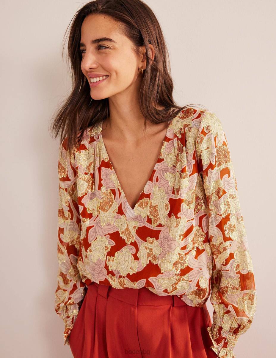 облекло Boden горнище от жакард с v-образно деколте ръжда и пейсли вихър Жени LL681710