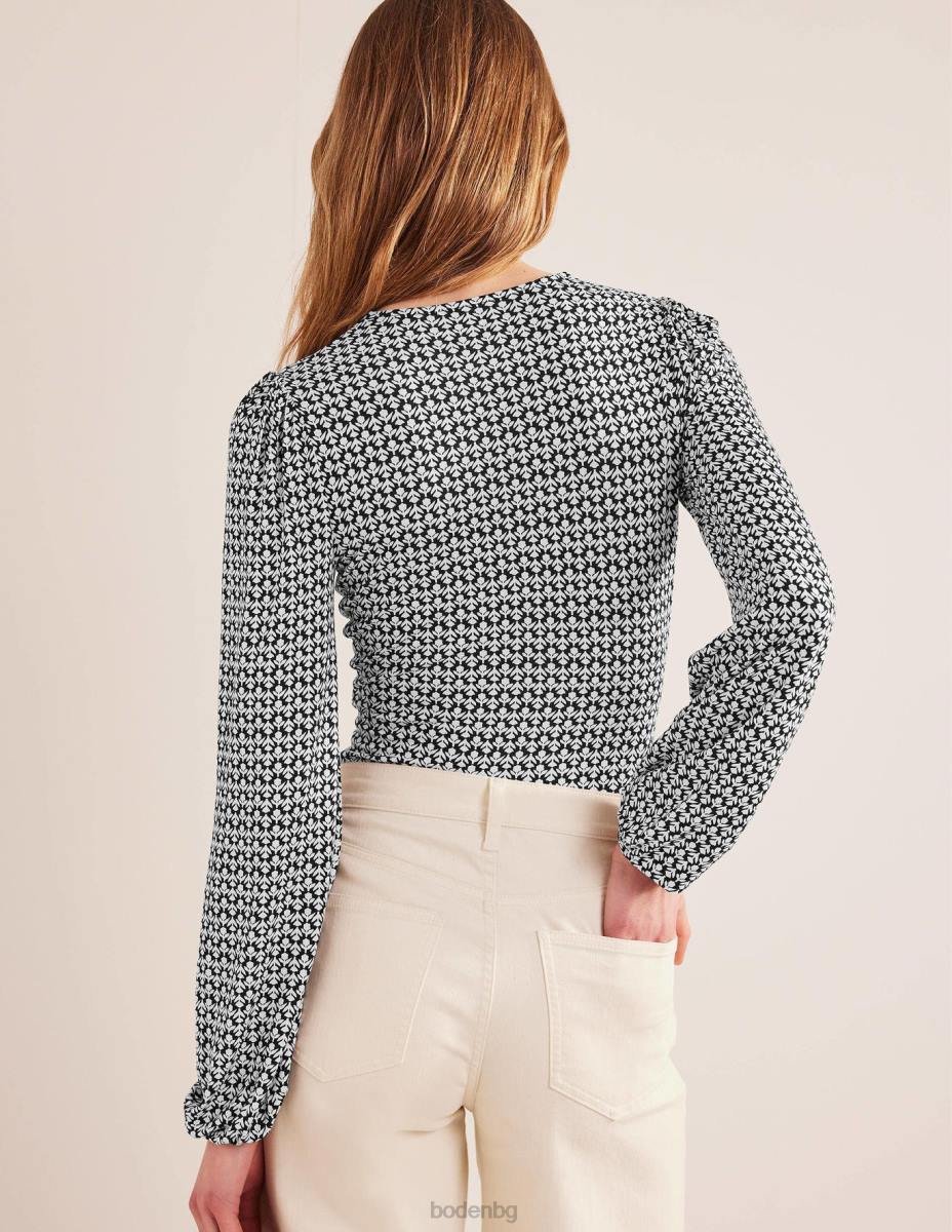 облекло Boden щамповано горнище с v-образно деколте черен и пъпка на лале Жени LL681850