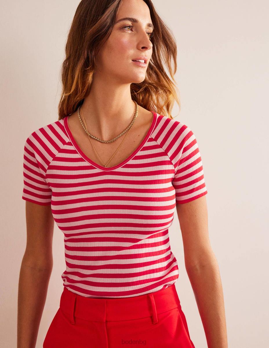 облекло Boden анна тениска с v-образно деколте кожа на праскова и ивица люта чушка Жени LL68196