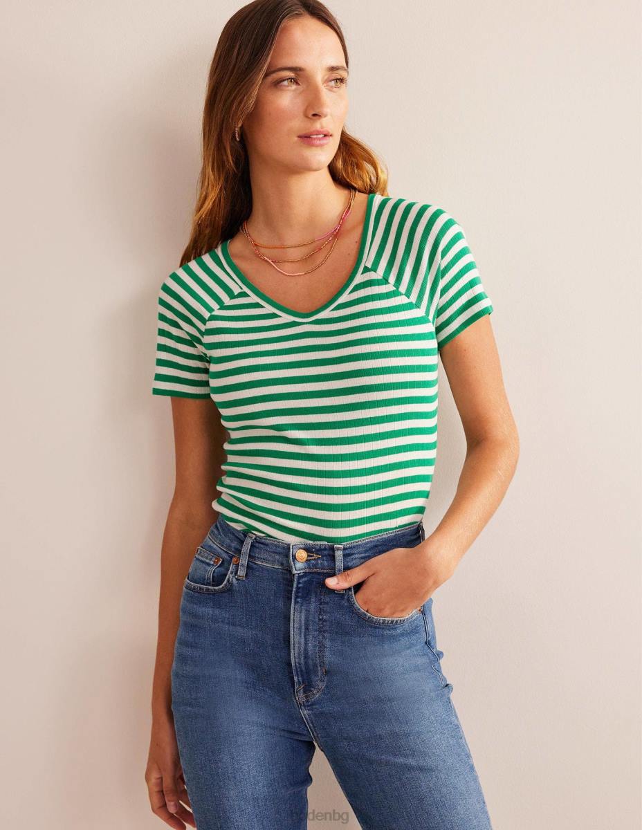 облекло Boden анна тениска с v-образно деколте ливадно зелено и райе в цвят слонова кост Жени LL68198