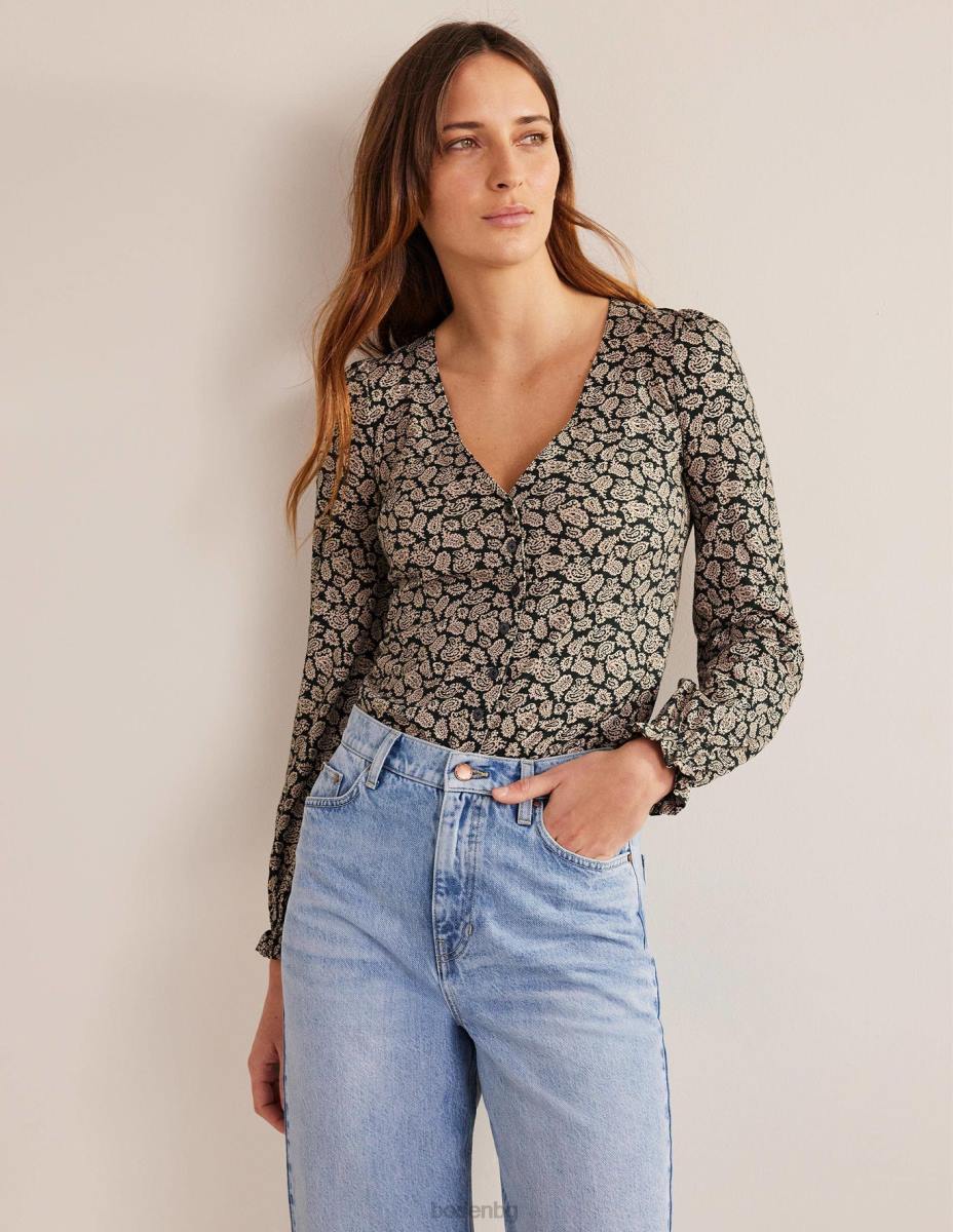 облекло Boden горнище с v-образно деколте с копчета отпред кавело неро и пейсли поп Жени LL682262