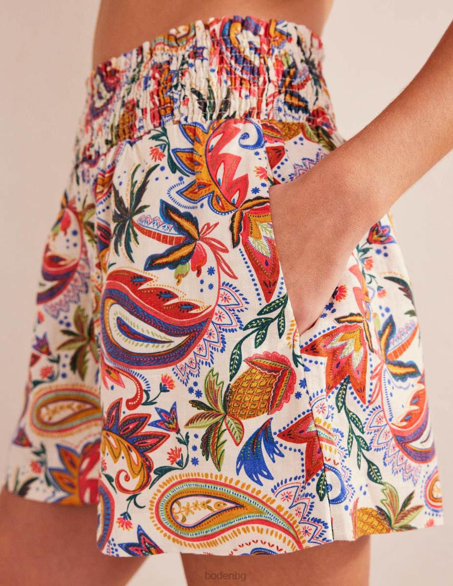 облекло Boden ленени шорти на талията разговорен печат в цвят слонова кост Жени LL682393