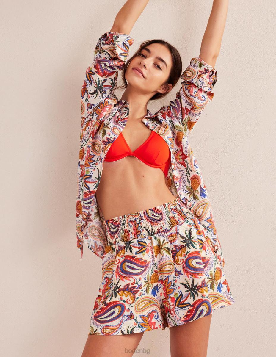 облекло Boden ленени шорти на талията разговорен печат в цвят слонова кост Жени LL682393