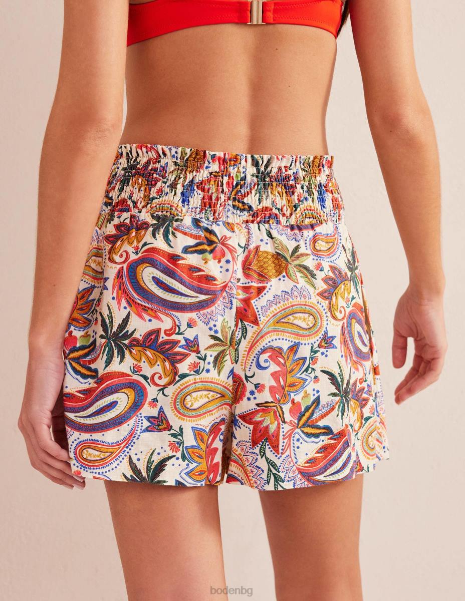 облекло Boden ленени шорти на талията разговорен печат в цвят слонова кост Жени LL682393