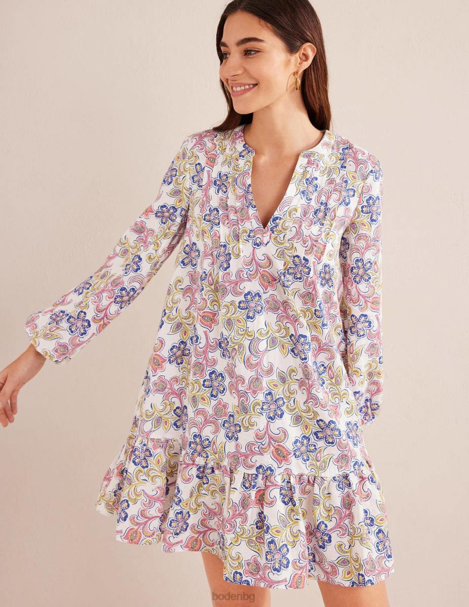 облекло Boden многоетажна ленена мини рокля слонова кост и ботаническа таверна Жени LL681034