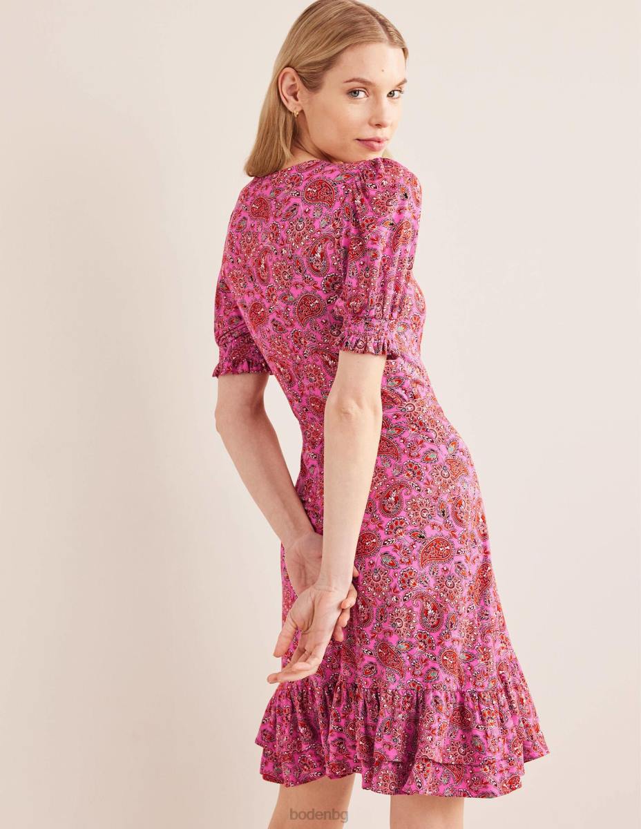 облекло Boden мини рокля от трико с волани карминова роза и пейсли тераса Жени LL681067