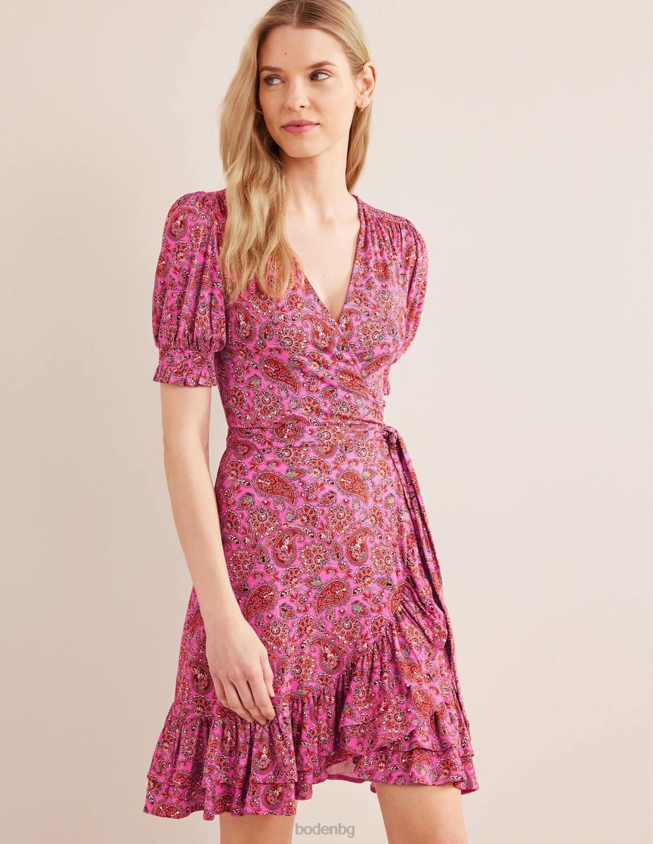 облекло Boden мини рокля от трико с волани карминова роза и пейсли тераса Жени LL681067