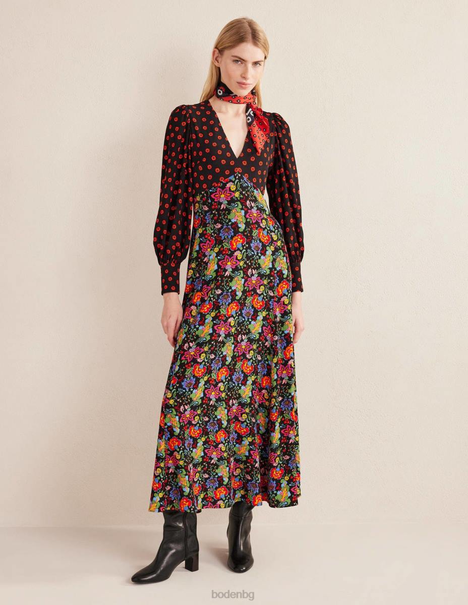 облекло Boden макси чаена рокля с блузон ръкав черна и карамфилова градина Жени LL681088