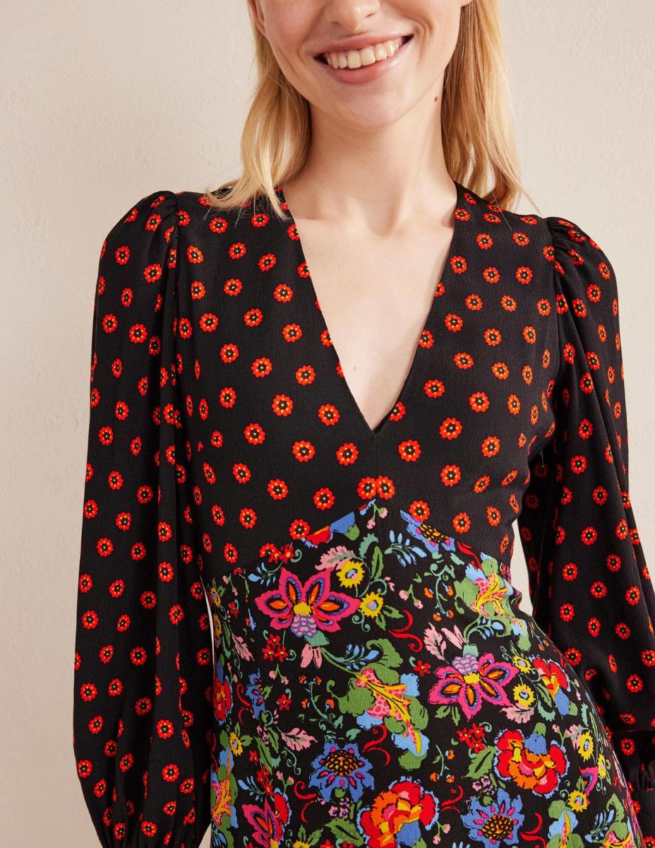 облекло Boden макси чаена рокля с блузон ръкав черна и карамфилова градина Жени LL681088