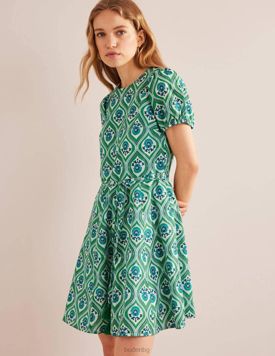 облекло Boden мини рокля с пълна пола аквамарин и гео каскада Жени LL681100