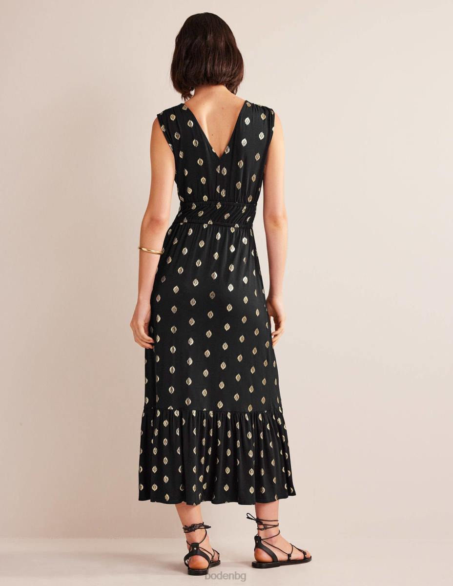 облекло Boden макси рокля от пушено трико черен и спокоен лист Жени LL681130