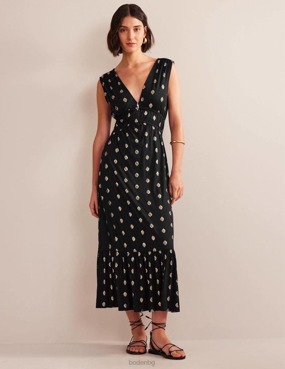 облекло Boden макси рокля от пушено трико черен и спокоен лист Жени LL681130