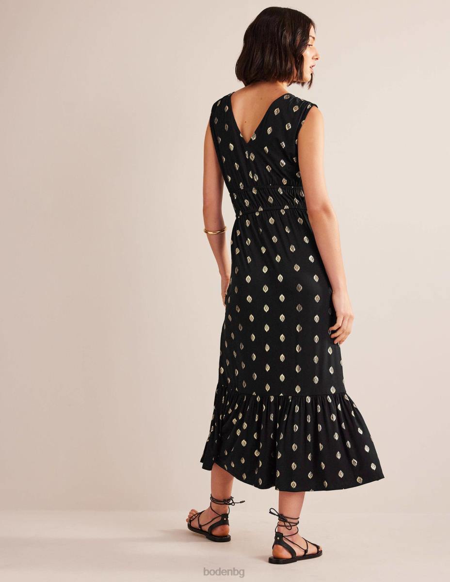 облекло Boden макси рокля от пушено трико черен и спокоен лист Жени LL681130