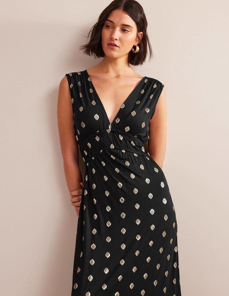 облекло Boden макси рокля от пушено трико черен и спокоен лист Жени LL681130