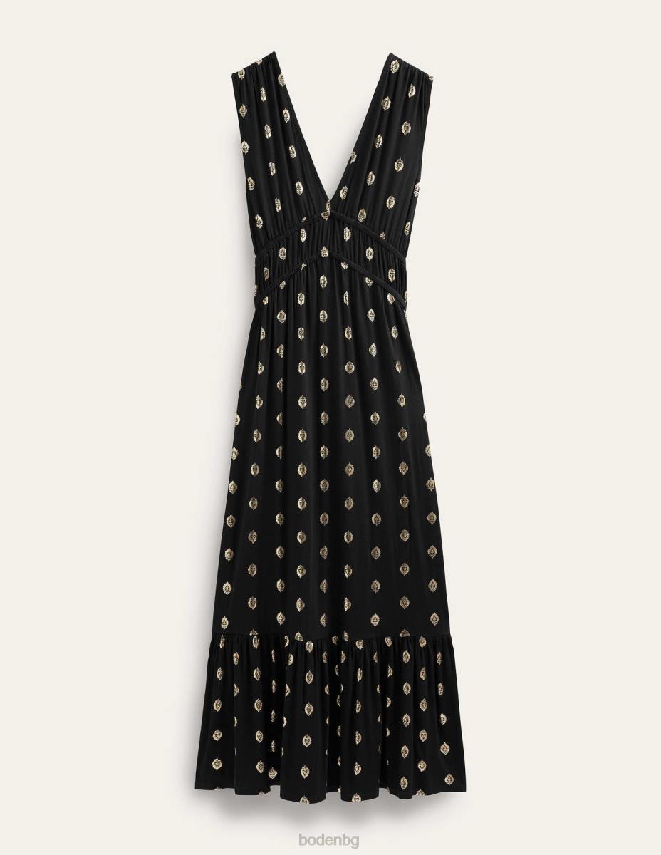 облекло Boden макси рокля от пушено трико черен и спокоен лист Жени LL681130