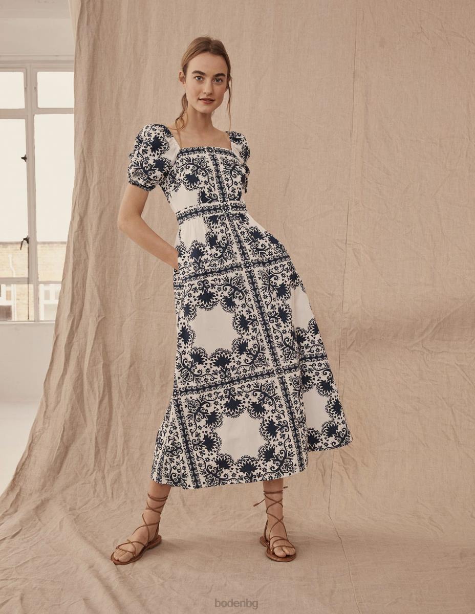 облекло Boden миди рокля с квадратно деколте френски флот и цвете Жени LL681160