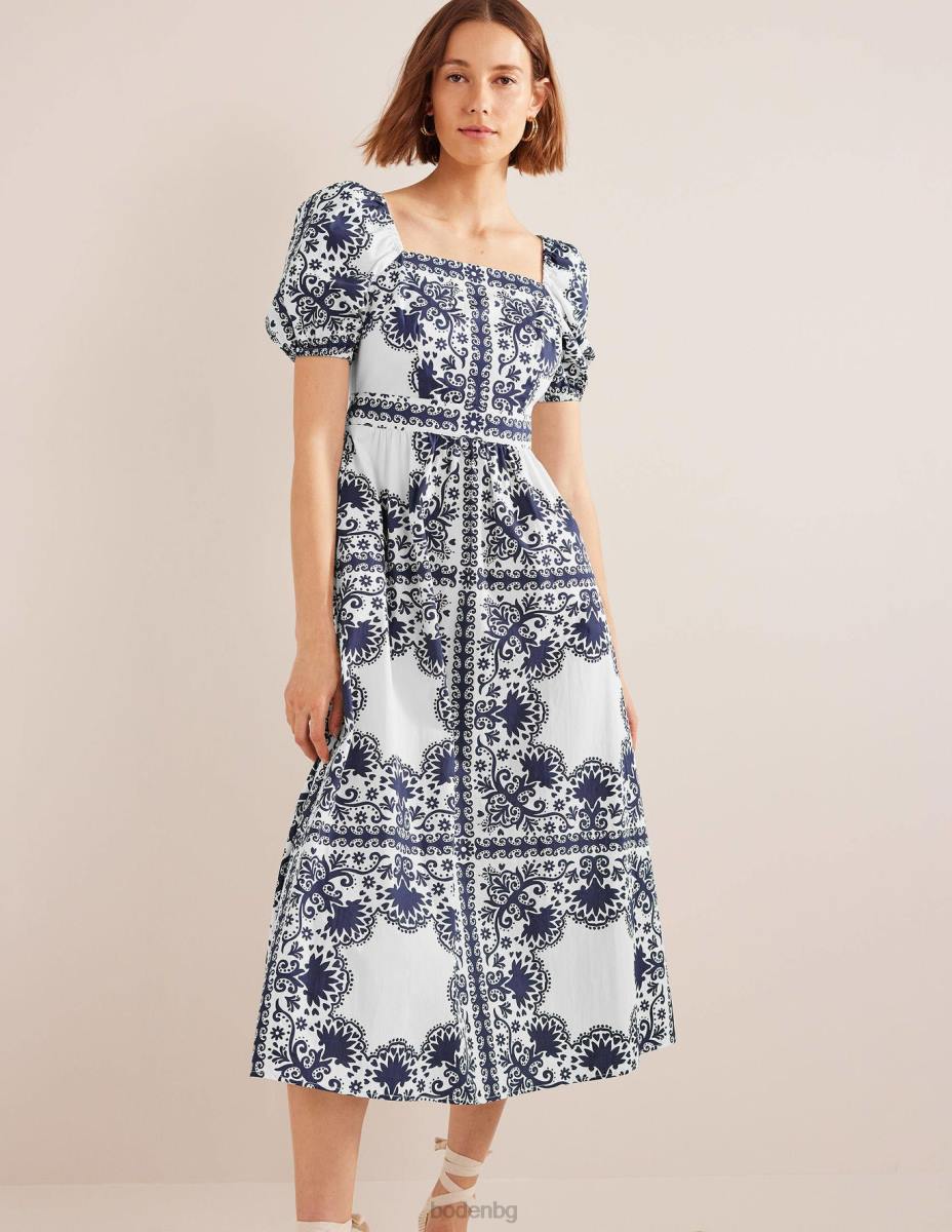 облекло Boden миди рокля с квадратно деколте френски флот и цвете Жени LL681160