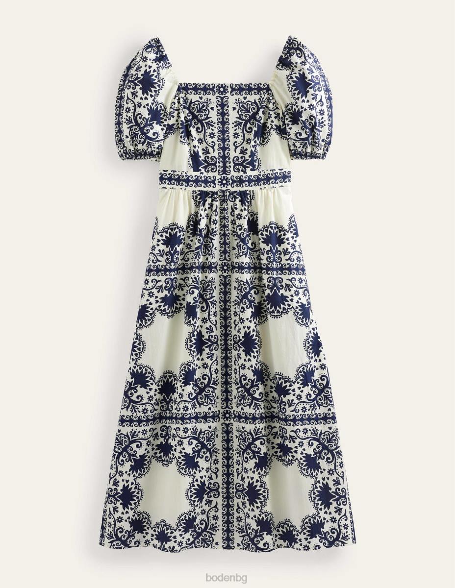 облекло Boden миди рокля с квадратно деколте френски флот и цвете Жени LL681160