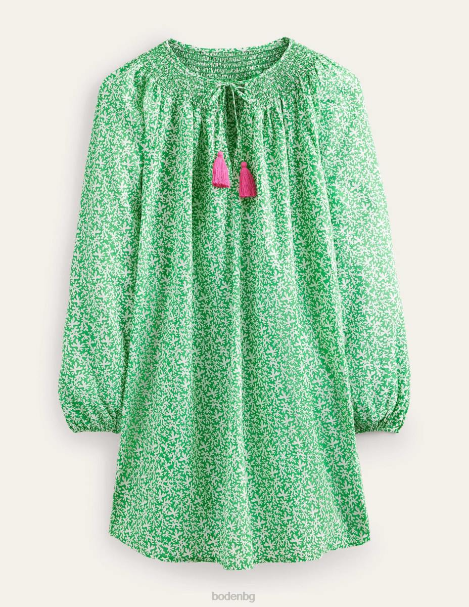 облекло Boden плажен кафтан с пушено деколте яркозелена и абстрактна зеленина Жени LL681186