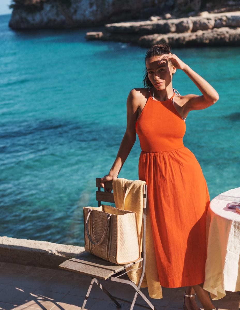 облекло Boden миди рокля с оребрено деколте червен портокал Жени LL681212