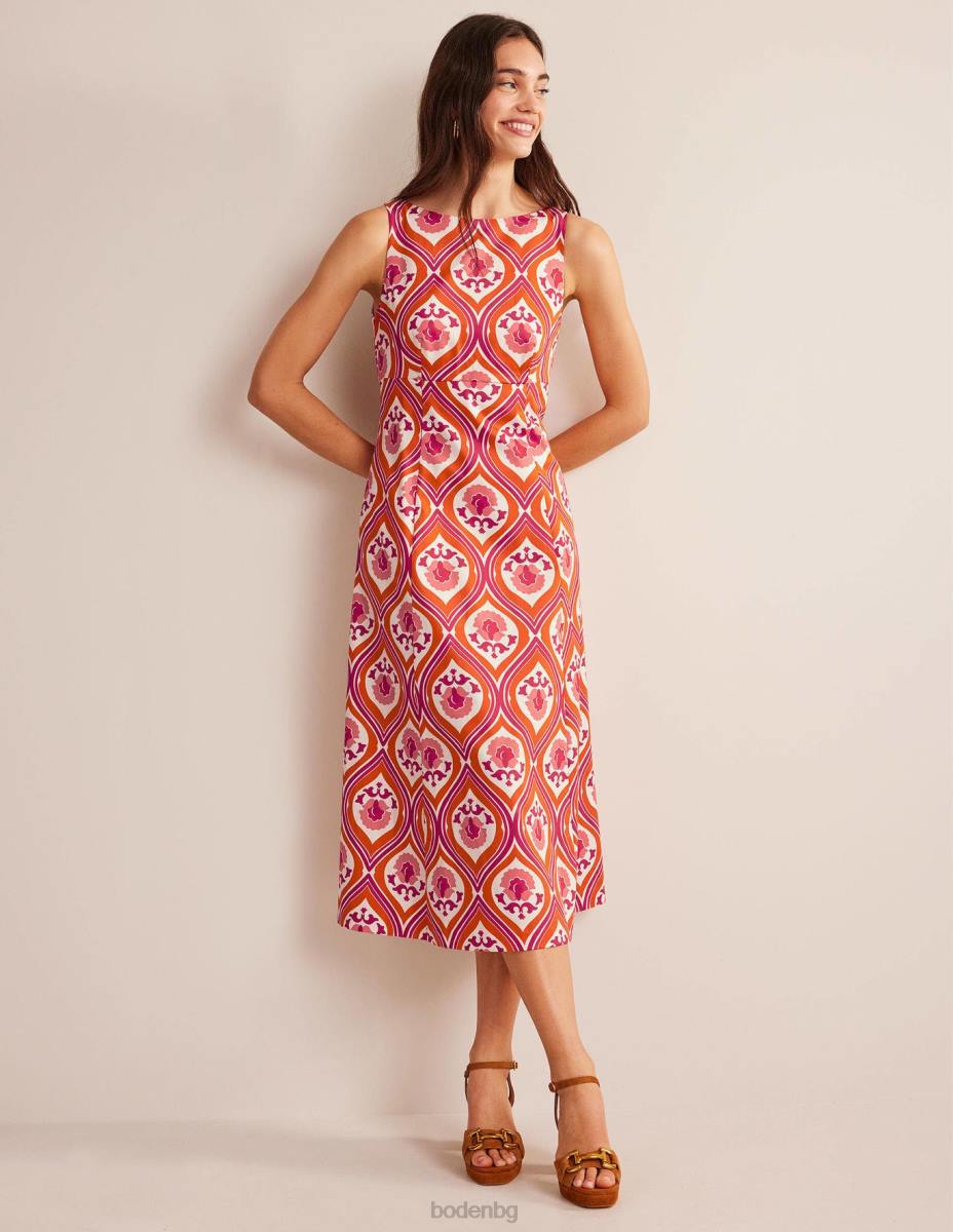 облекло Boden миди рокля с наклонено деколте кумкуат и гео каскада Жени LL681217