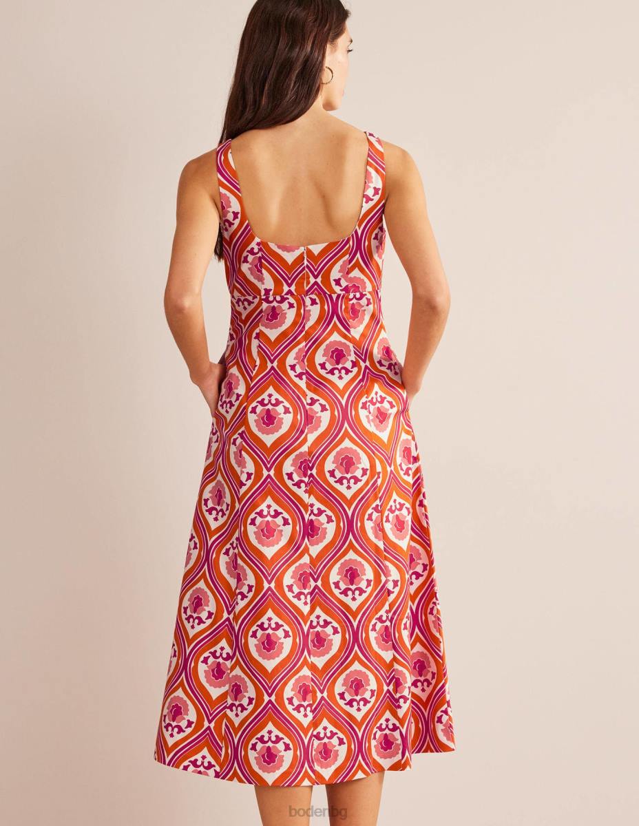 облекло Boden миди рокля с наклонено деколте кумкуат и гео каскада Жени LL681217