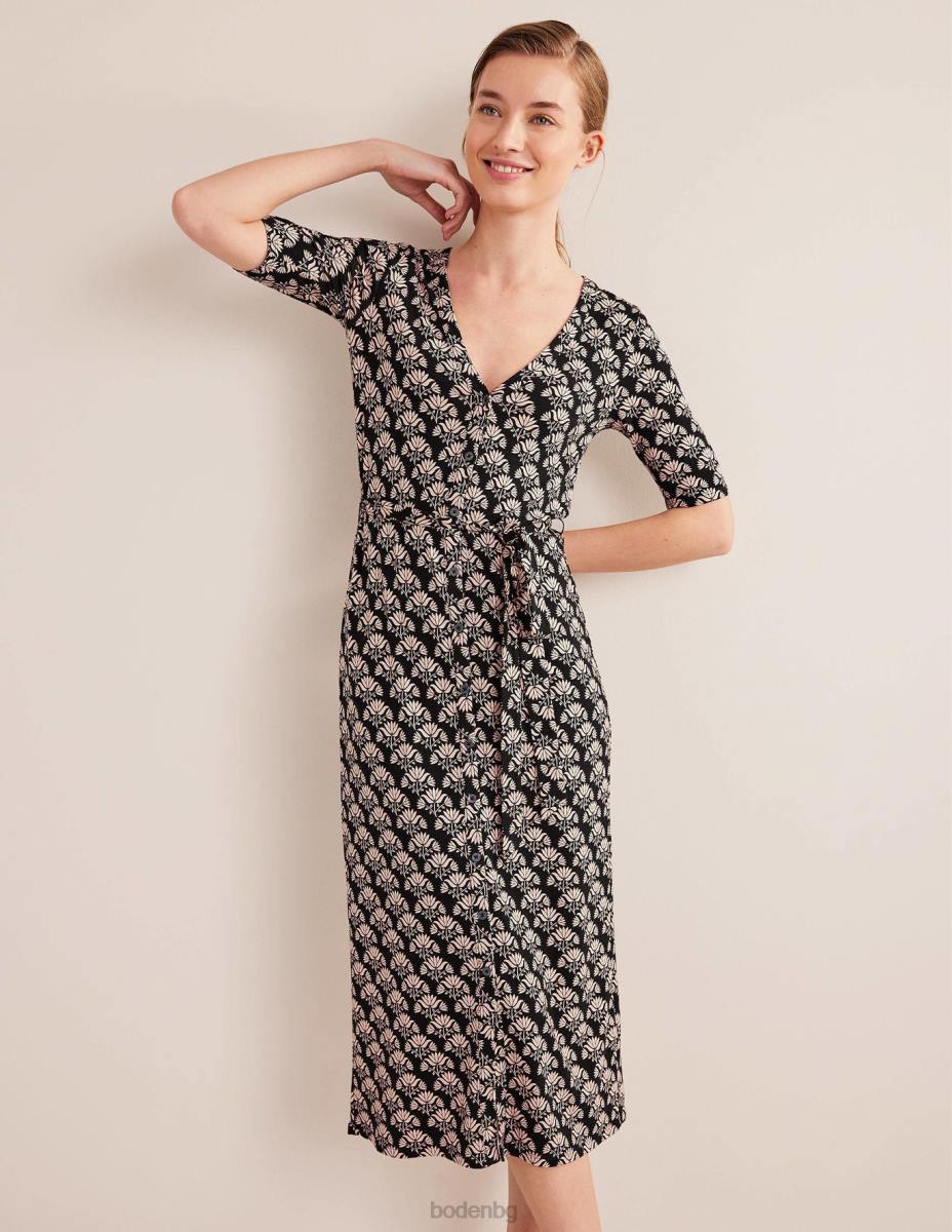 облекло Boden миди рокля от трико с копчета отпред черен и страстен печат Жени LL681529