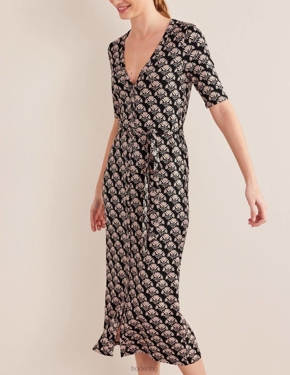 облекло Boden миди рокля от трико с копчета отпред черен и страстен печат Жени LL681529