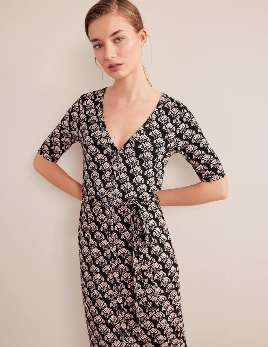 облекло Boden миди рокля от трико с копчета отпред черен и страстен печат Жени LL681529