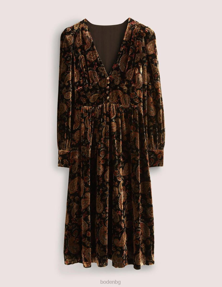 облекло Boden кадифена миди парти рокля черно и пейсли страст Жени LL681873