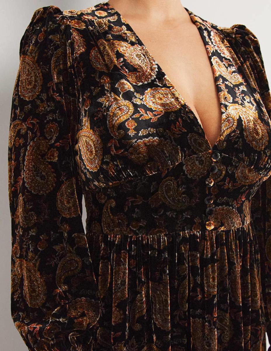 облекло Boden кадифена миди парти рокля черно и пейсли страст Жени LL681873