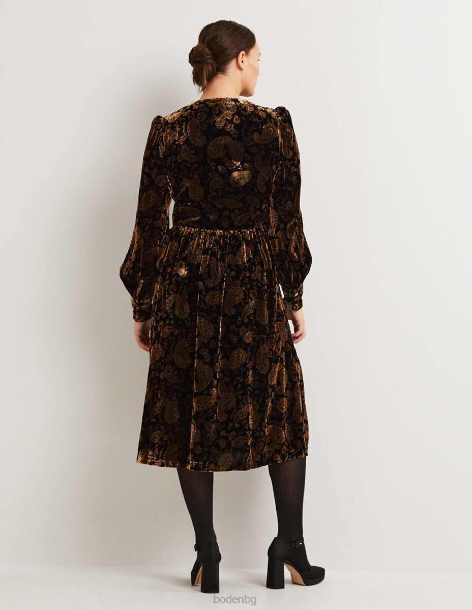 облекло Boden кадифена миди парти рокля черно и пейсли страст Жени LL681873