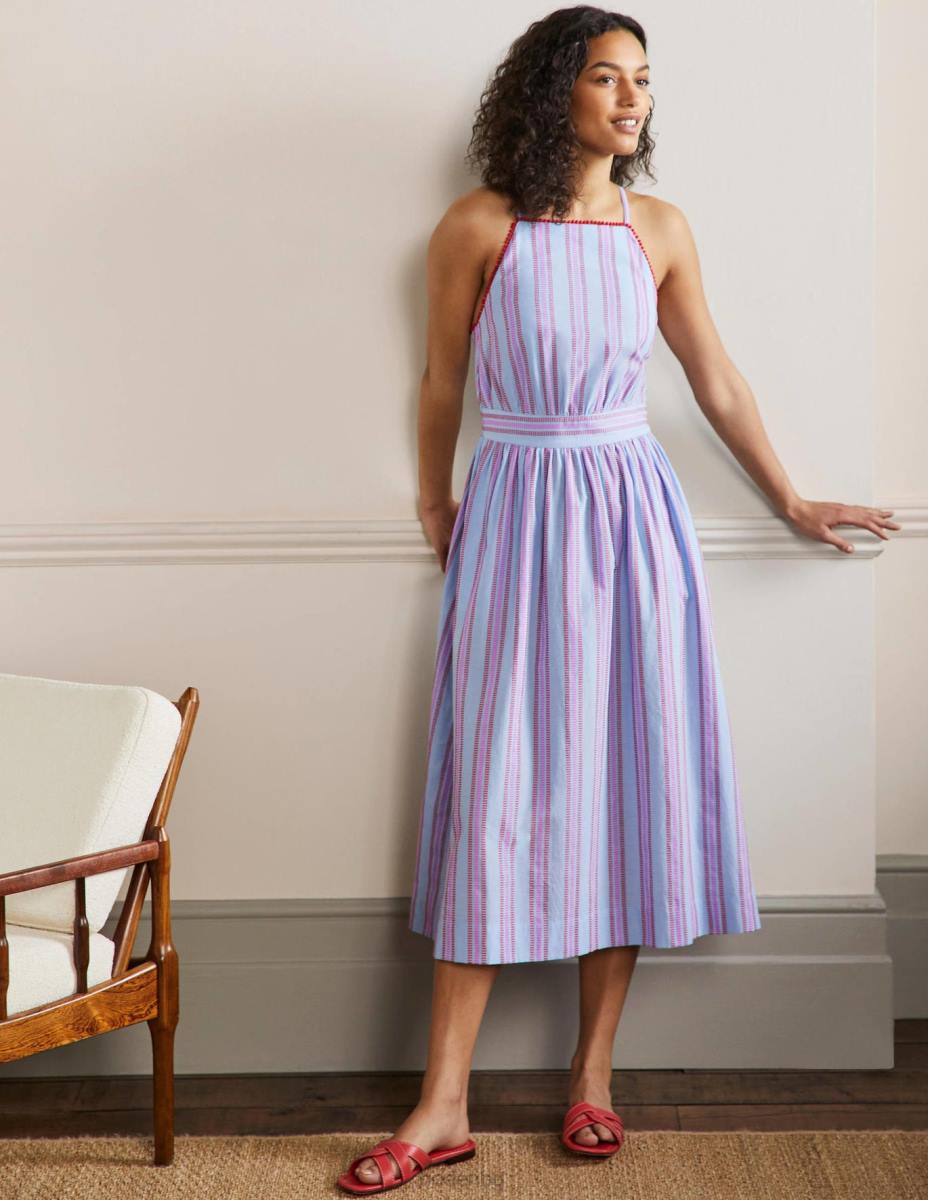 облекло Boden миди рокля с раирана деколте драконово червено и поп теменуга Жени LL682026