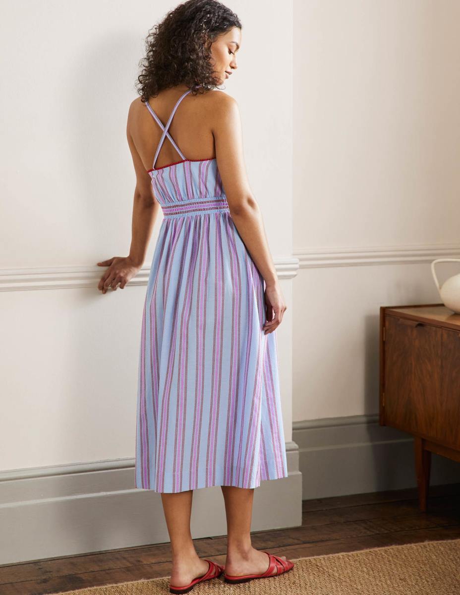 облекло Boden миди рокля с раирана деколте драконово червено и поп теменуга Жени LL682026