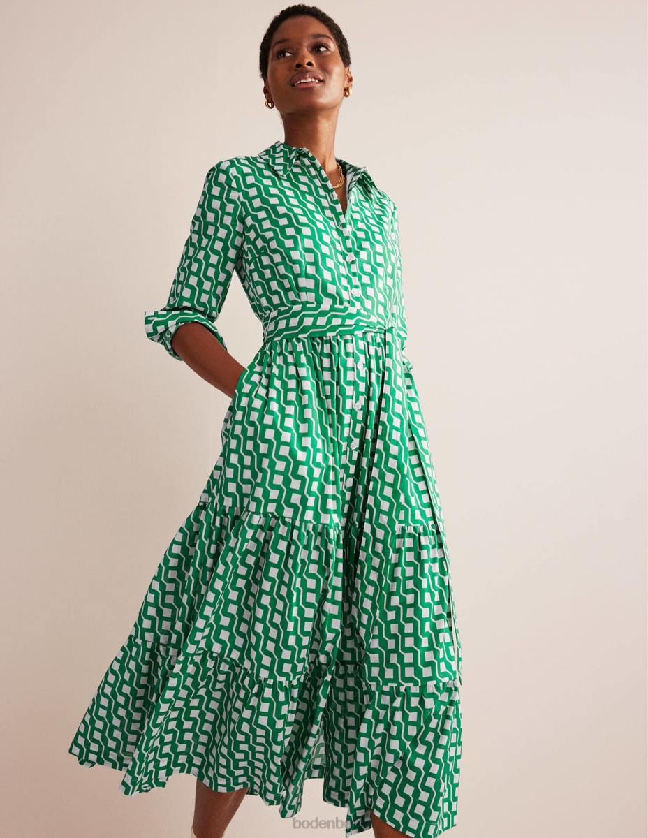 облекло Boden многослойна памучна макси рокля ярък изумруд и куб гео Жени LL6820