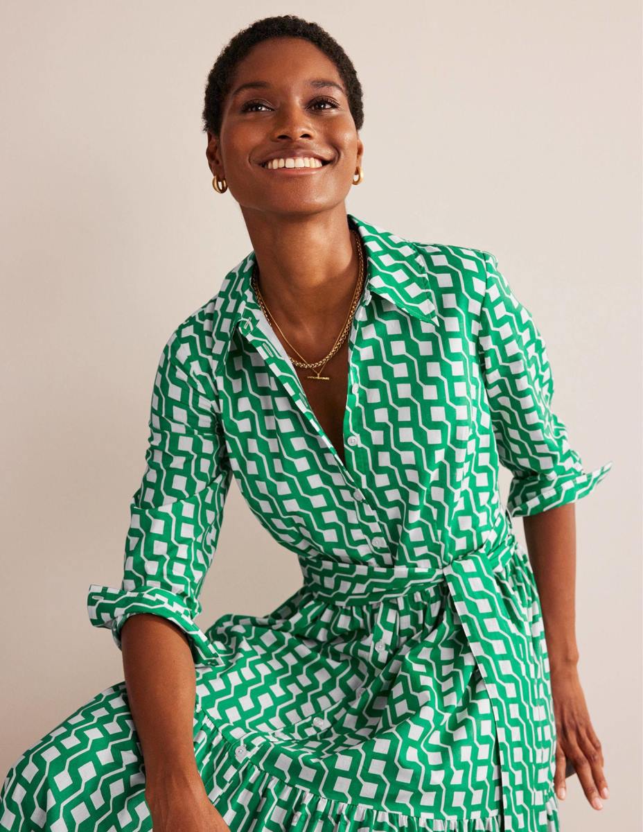 облекло Boden многослойна памучна макси рокля ярък изумруд и куб гео Жени LL6820