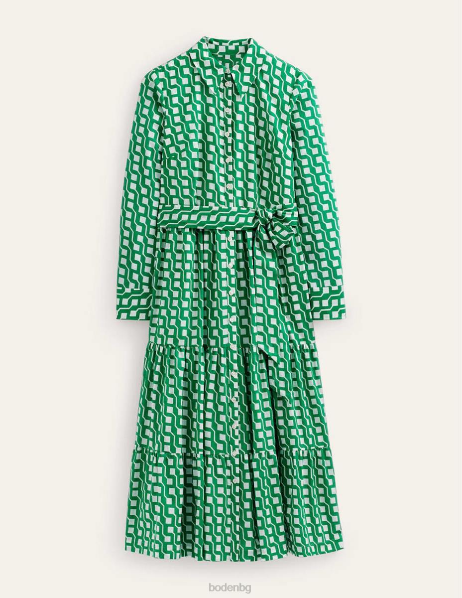 облекло Boden многослойна памучна макси рокля ярък изумруд и куб гео Жени LL6820