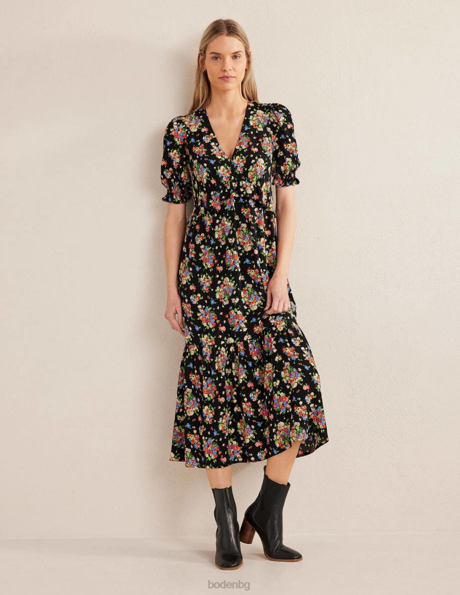 облекло Boden миди чаена рокля с волани черен и див клъстер Жени LL682117