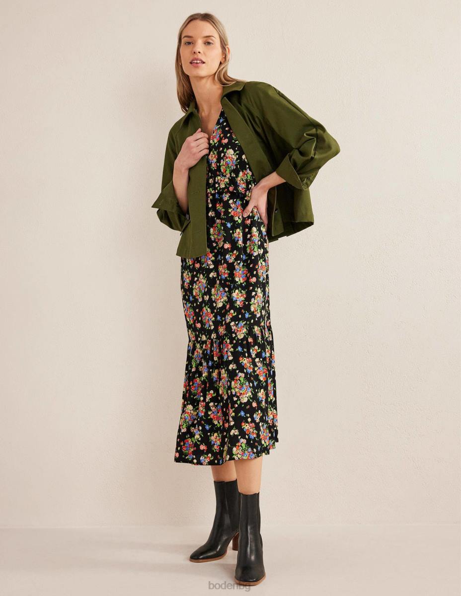 облекло Boden миди чаена рокля с волани черен и див клъстер Жени LL682117