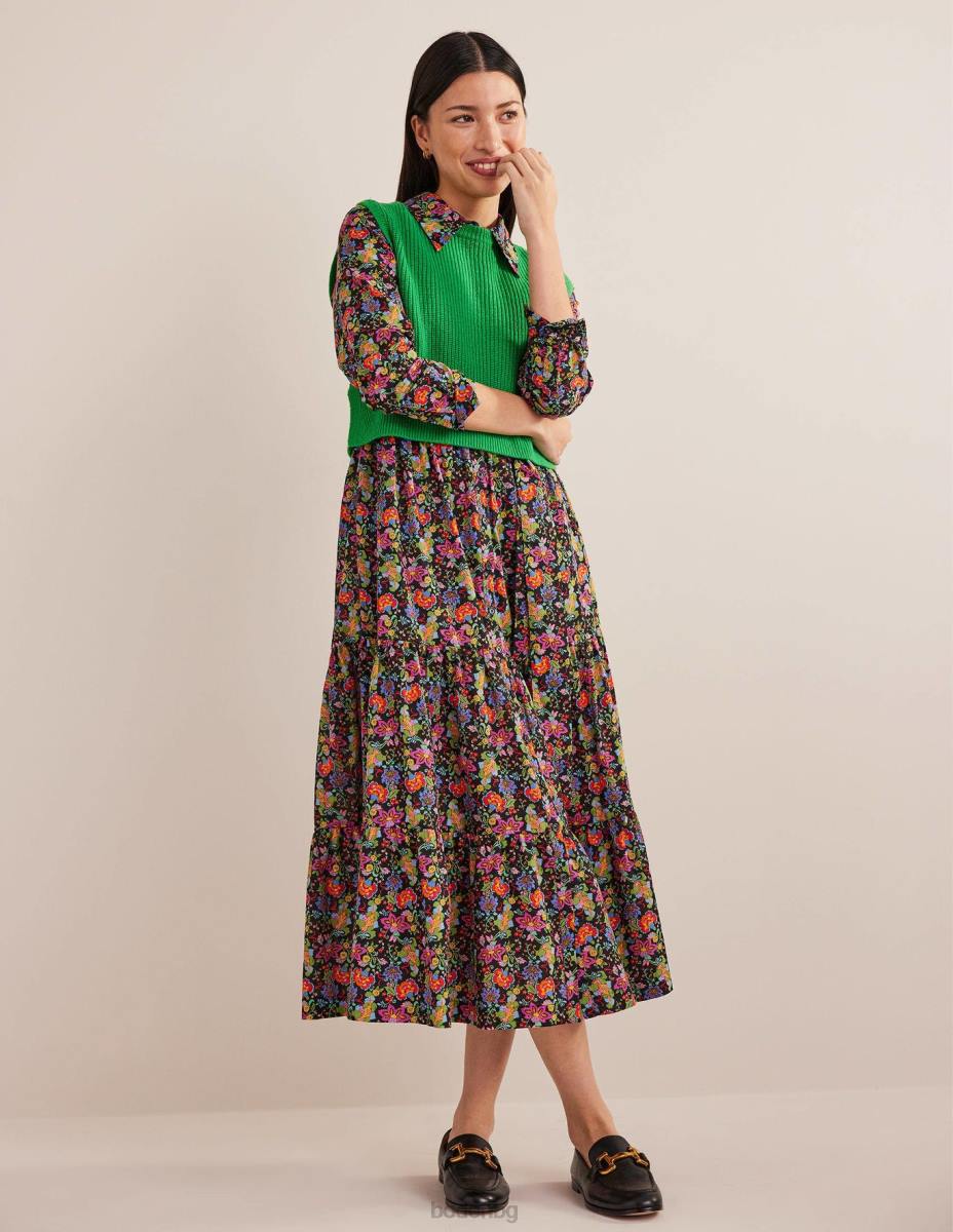 облекло Boden многослойна памучна макси рокля черна и карамфилова градина Жени LL682210