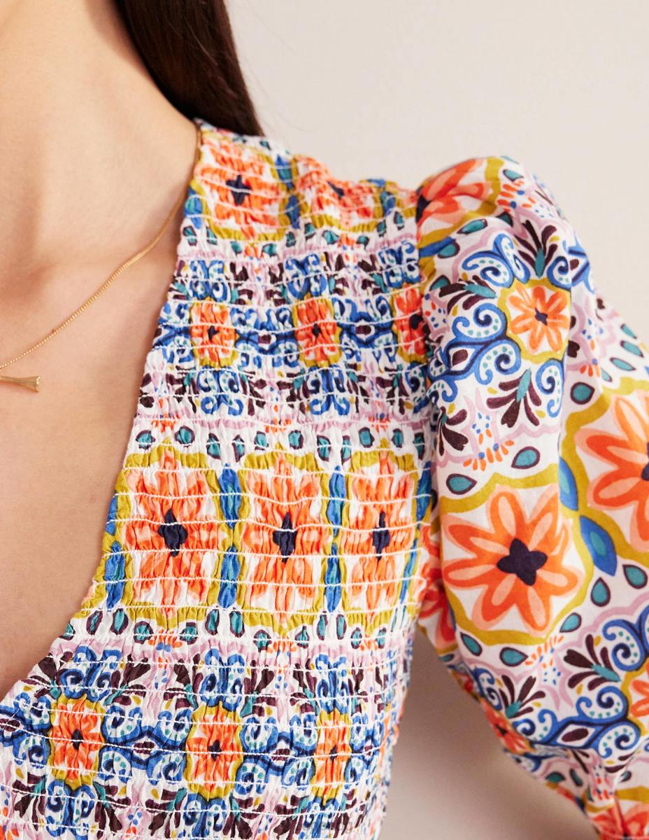 облекло Boden миди рокля с пушено корсаж мулти & гоблен райе Жени LL682237