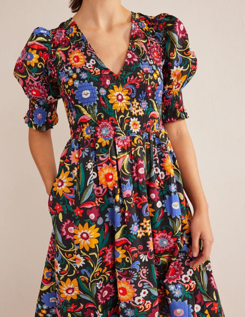 облекло Boden миди рокля с пушено корсаж черно и гардения поп Жени LL682388