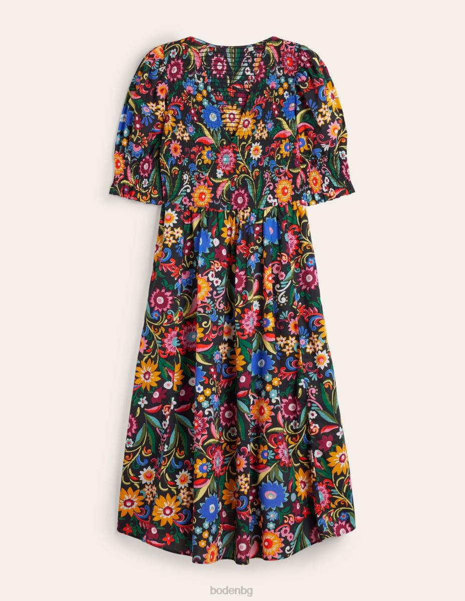 облекло Boden миди рокля с пушено корсаж черно и гардения поп Жени LL682388