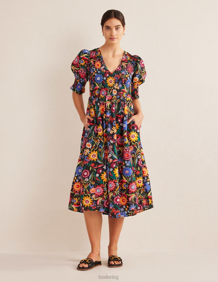 облекло Boden миди рокля с пушено корсаж черно и гардения поп Жени LL682388