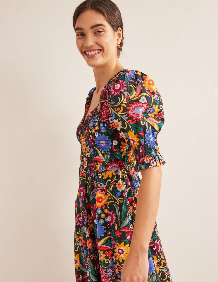 облекло Boden миди рокля с пушено корсаж черно и гардения поп Жени LL682388