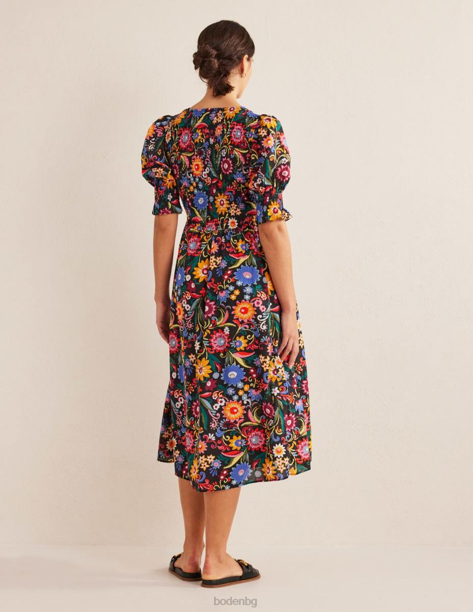 облекло Boden миди рокля с пушено корсаж черно и гардения поп Жени LL682388