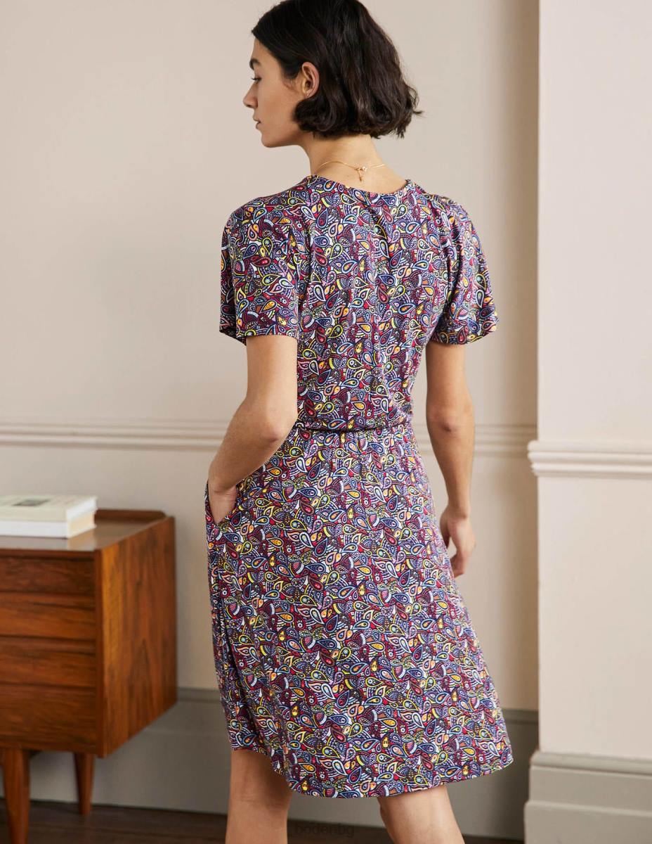 облекло Boden рокля от трико с пърхащи ръкави тъмносин пейсли руж Жени LL682403