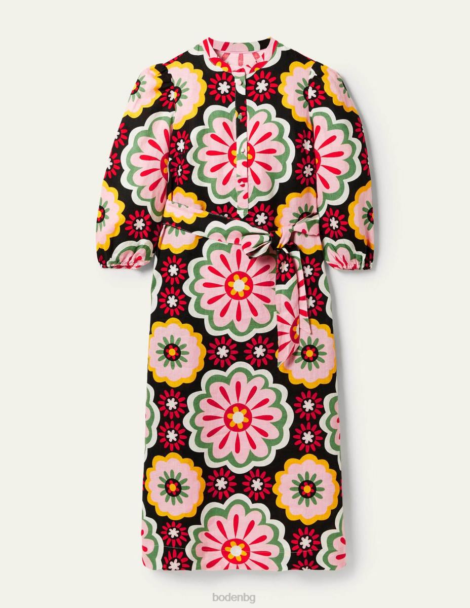 облекло Boden ленена миди рокля-риза черна и богата маргаритка Жени LL682407