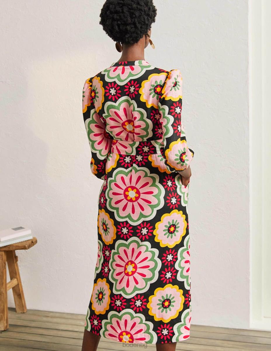 облекло Boden ленена миди рокля-риза черна и богата маргаритка Жени LL682407